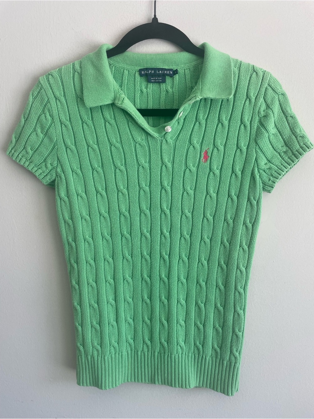 Ralph Lauren Mint Green Cable-Knit Polo V-Neck Sweater
